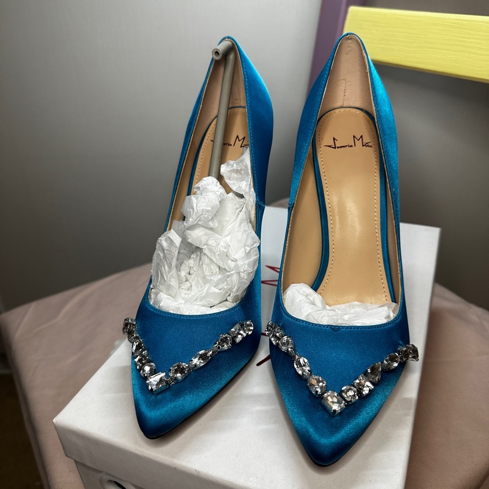 100% Vegan Blue Sateen High Heel with Multi-Shape Jewels